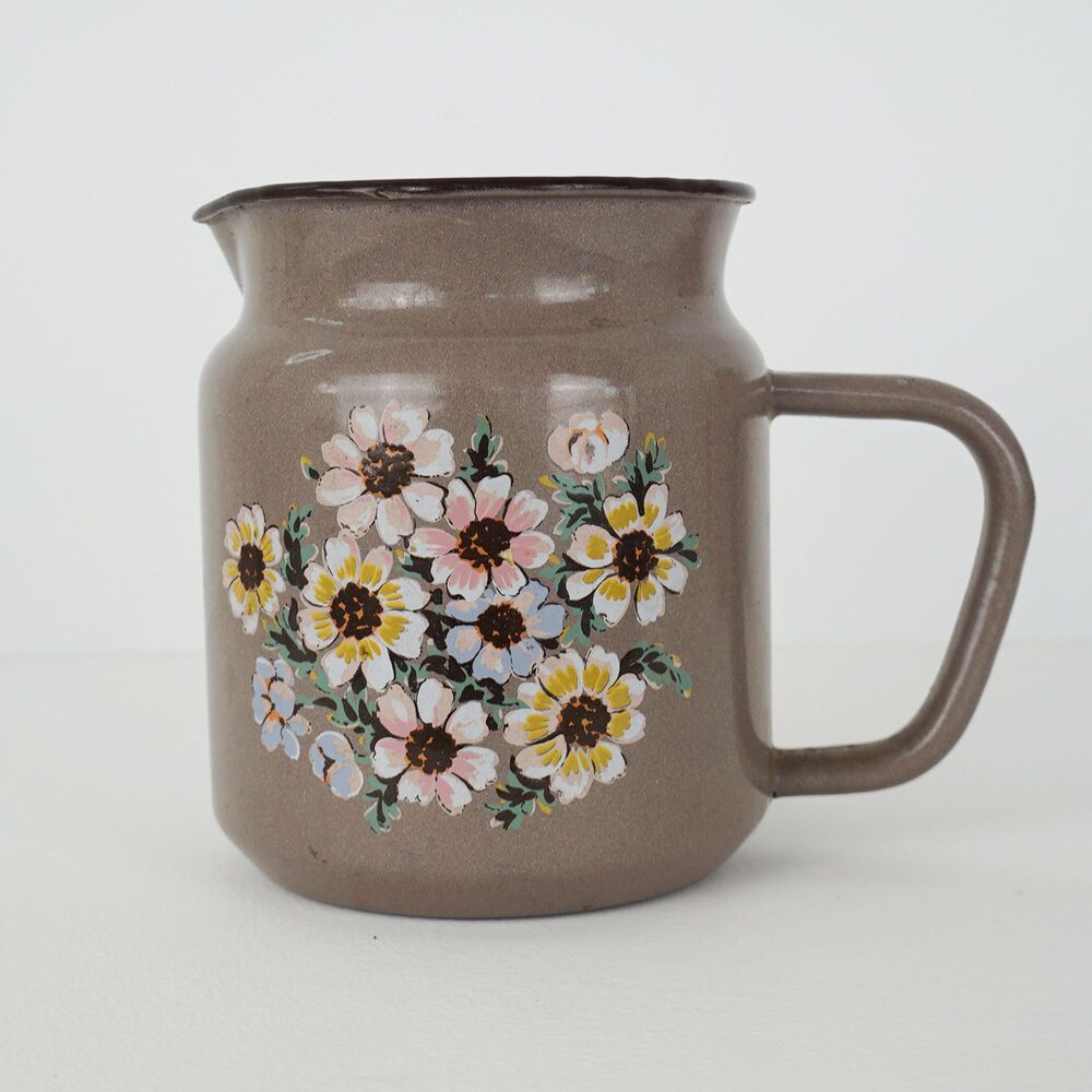 Vintage Enamelware Pitcher Brown Floral Rustic Farmhouse Jug Cottage Decor